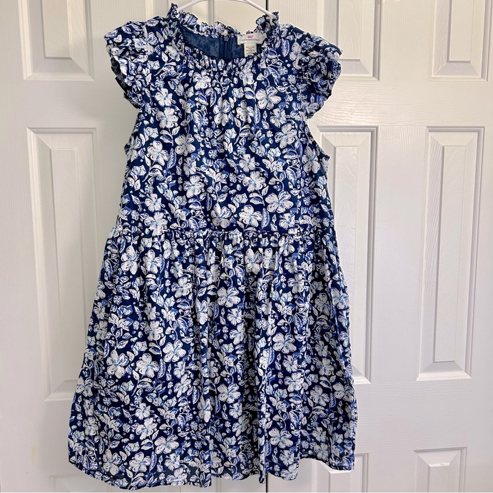 Vineyard Vines 100% Cotton Navy Blue Floral Ruffle Flowy Lined Dress Size 12